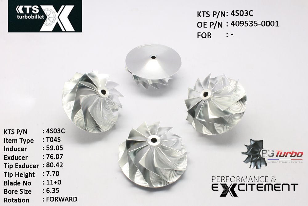 Turbo ROUE FORGÉE MFS PERFORMANCE - 11+0 PALES - INDUCER : 59,05 - EXDUCER : 76,07 - TYPE : T04SANGLE : 45° - ROTATION : Forward - SUPER BACK : 4,97 - BORE SIZE : 6,35
